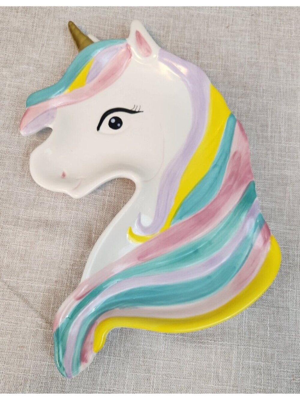Ceramic Unicorn Cookie Plate Color Mane Gold Look Horn Cracker Barrel 12"L x 7"